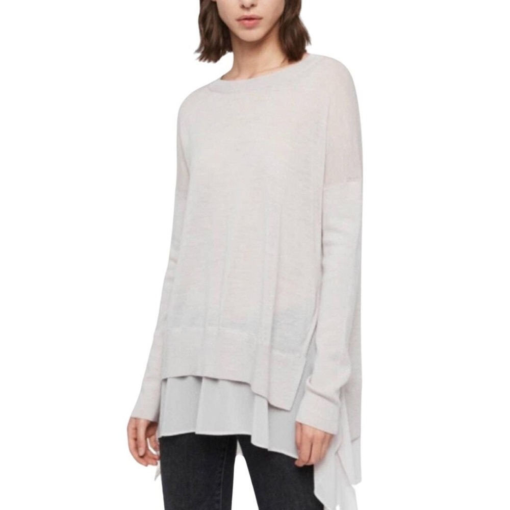 All Saints Gray Libby Crew Neck Long Sleeve Wool Sweater Asymmetrical Hem M